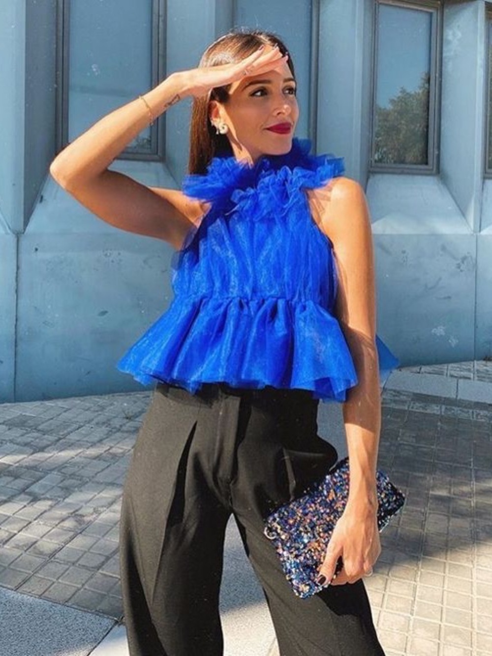 Zara Organza Electric Blue Ruffled Peplum Camisole